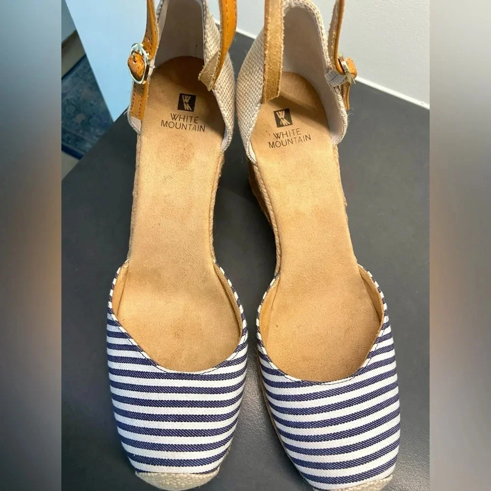 White Mountain Mamba Wedge Espadrille Blue/White Stripe Leather Ankle Strap 11 M